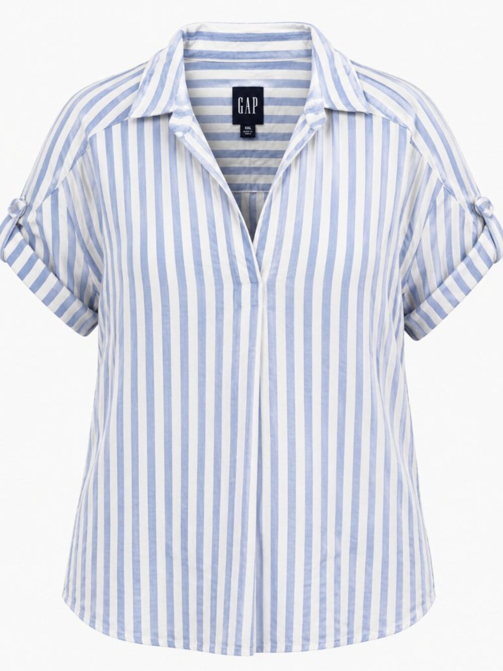 GAP Women’s XXL Blue White Striped Short Sleeve Collared Blouse Rayon Lyocell